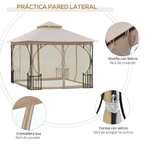 Carpa de jardín Cenja Outsunny 4 cortinas doble techo beige 3x3 m - Imagen 6