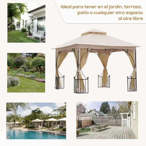 Carpa de jardín Cenja Outsunny 4 cortinas doble techo beige 3x3 m - Imagen 5