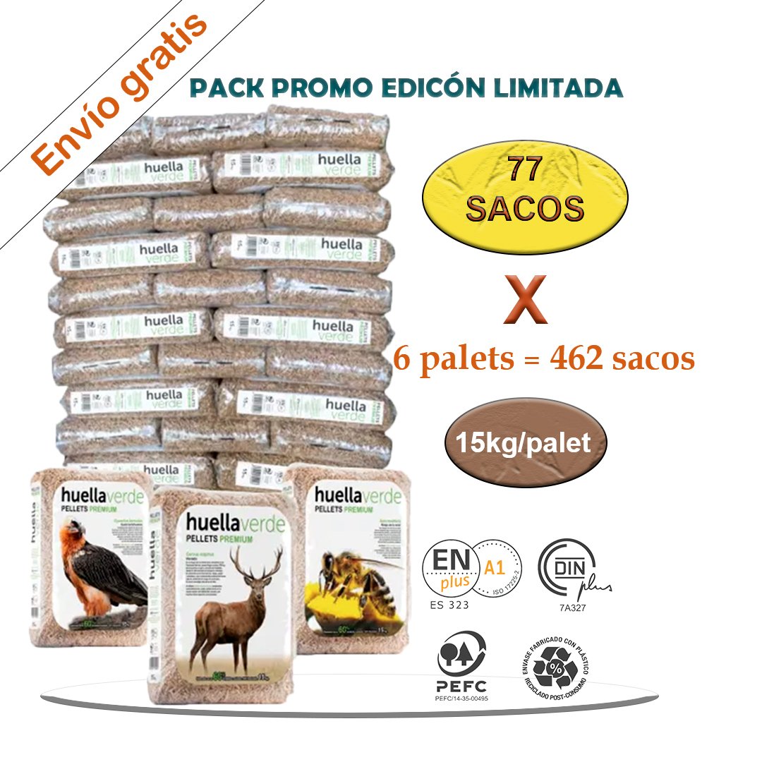 Palets de pellets Huella Verde de 15 kg de 77 sacos  Enplus A1 DINplus pack de 6 palets